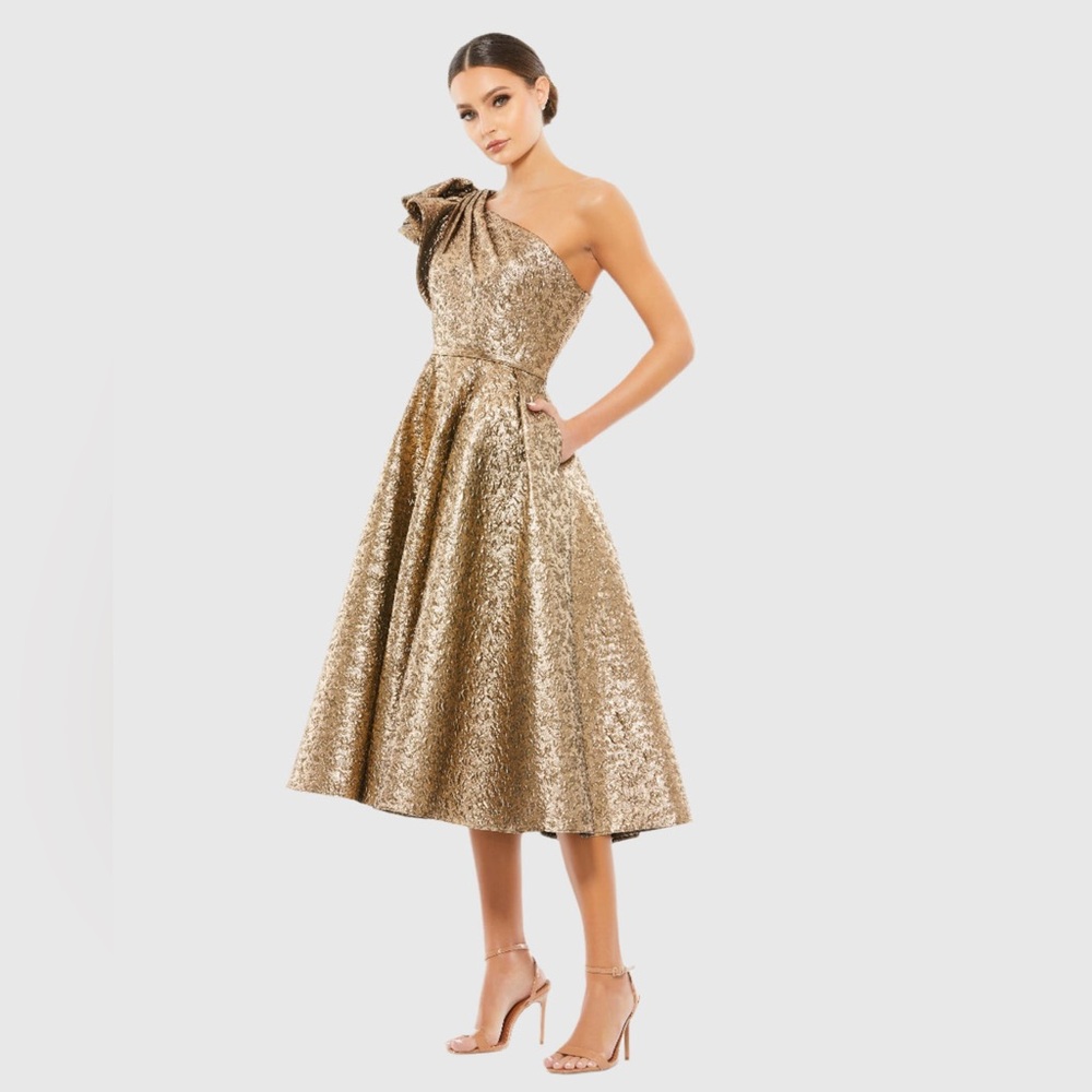 Mac Duggal Metallic Gold One-Shoulder Midi Dress with Statement Bow